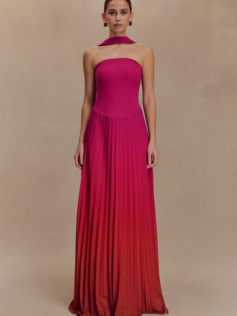 Meshki Strapless Ombre Pleated Maxi Dress in Fuchsia and Coral